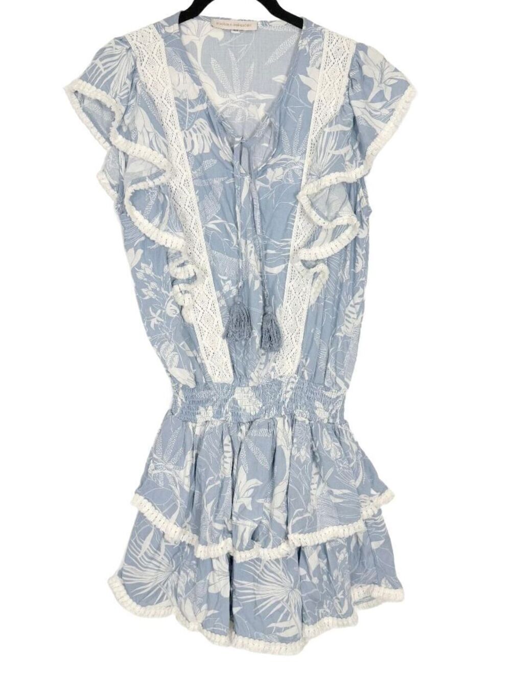 Pookie & Sebastian Boho Floral Blue Ruffle Smocked Lace Trim Mini Dress XS